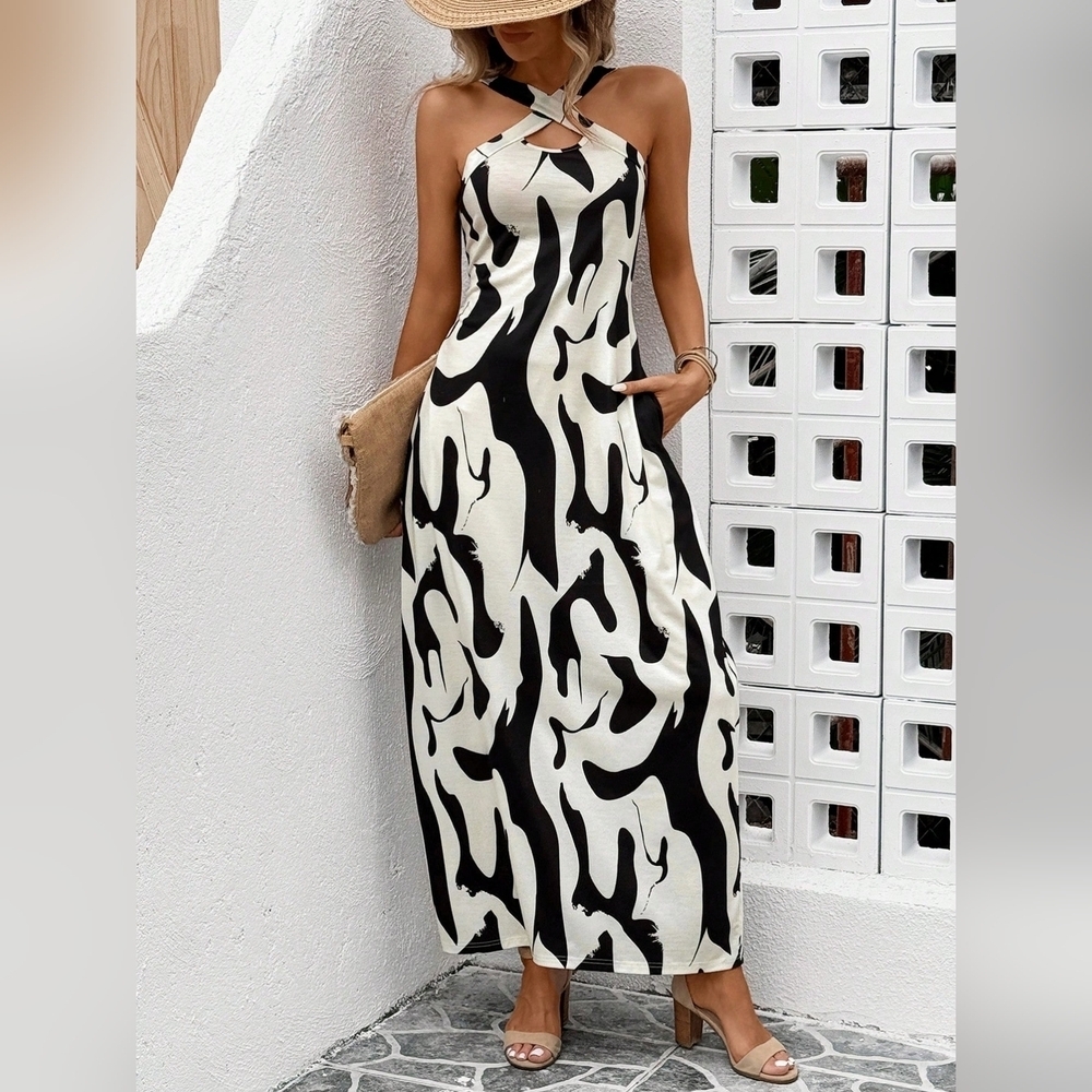 Summer Striped Print Halter Maxi Dress For Women - Picture 6 of 6